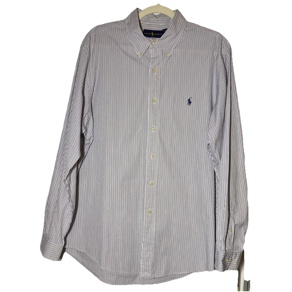 Ralph Lauren Button Down Shirt Men's White Purple Excellent Striped 17 34-35